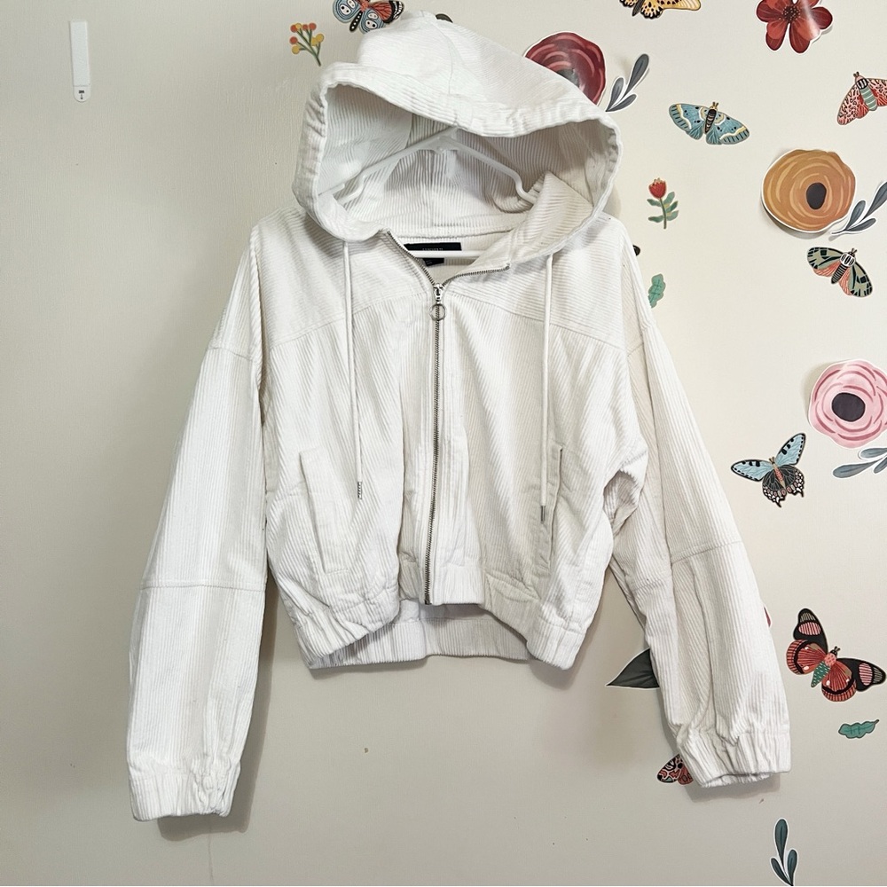 Forever 21 White Hooded Corduroy Bomber Jacket L